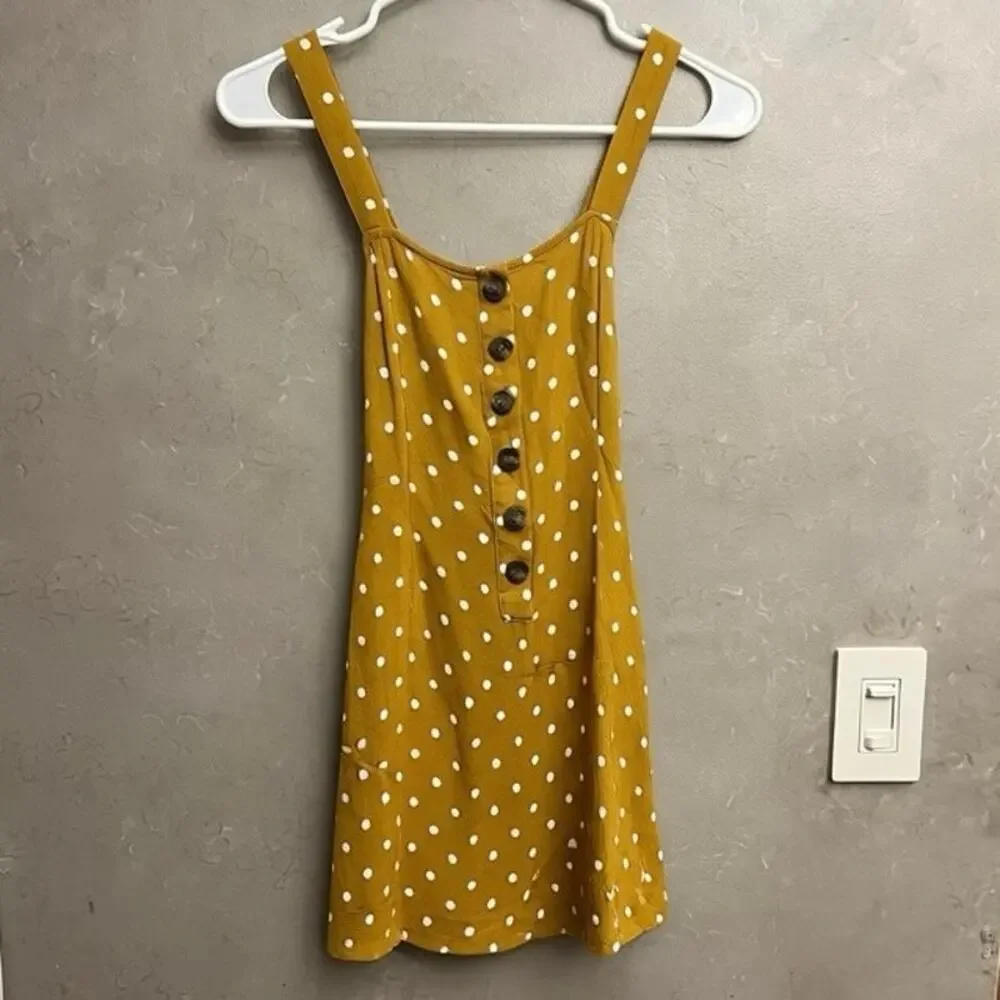 American Eagle Mustard Yellow Polka Dot Romper XS Button Front Cross Back Summer - Picture 7 of 11